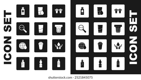 Set Filtro de agua, vidrio con agua, fórmula química para H2O, botella de, jabón de lavarse las manos y el icono de la gota del planeta Tierra. Vector