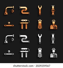 Wasserfilter, Industrierohre und -ventil, Plumber, Manometer, Schraubenschlüssel, Wasserhahn, Wasserhahn und Metallsymbol. Vektorgrafik