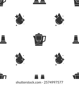 Set Water filter, jug with and drop on seamless pattern. Vector