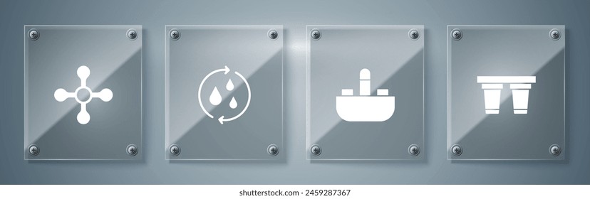 Set Water filter, Washbasin with water tap, Recycle clean aqua and . Square glass panels. Vector