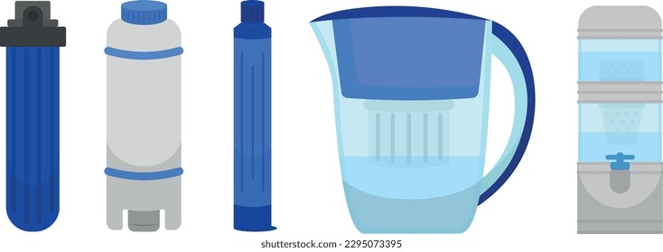 Set of water filters in cartoon style. Vector illustration of various portable filters for drinking water purification: water purification flask, cooler isolated on white background.