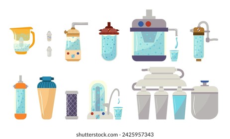 Set of Water filters. Countertop, under sink, pitcher container, whole house, reverse osmosis water filters, Mineral filtration or purification systems collection,hand-drawn in a flat style. 