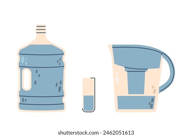 Conjunto De Dispositivos De Filtración De Agua, Botella De Agua Grande, Una Jarra De Filtración, Y Un Vaso De Agua Aislado En Blanco