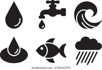 Conjunto de iconos de agua, peces y nubes en estilo de silueta, aislados sobre un fondo blanco, perfecto para la naturaleza, el medio ambiente, la vida marina, el Clima y los proyectos de diseño de temática al aire libre.