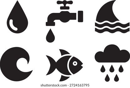 Conjunto de iconos de agua, peces y nubes en estilo de silueta, aislados sobre un fondo blanco, perfecto para la naturaleza, el medio ambiente, la vida marina, el Clima y los proyectos de diseño de temática al aire libre.