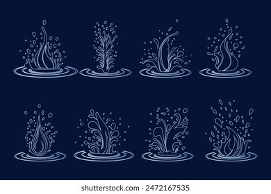 Set of water flow splash with splatters, clean blue water wave isolated on background. Liquid water drops, water flows and waves flat vector illustration.