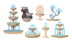 Set Of Water Fountains, Natural Geyser Waterfalls And Water Splash. Vintage And Modern Architecture Decor With Splashing Drops. Outdoor Park Decoration With Architectural Elements Cartoon Vector