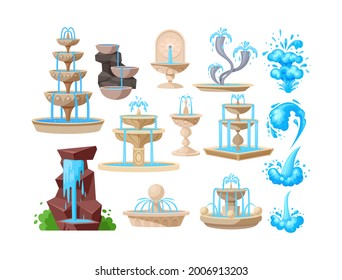 Set of water fountains, natural geyser waterfalls and water splash. Vintage and modern architecture decor with splashing drops. Outdoor park decoration with architectural elements cartoon vector