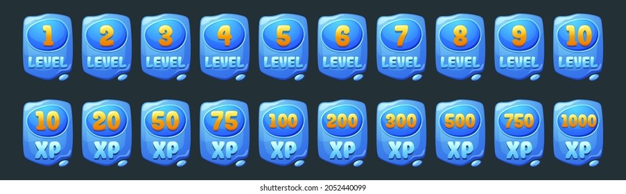 Set of water game level ui icons, blue banners with xp rate and liquid drops. Award or bonus graphic design elements, reward, trophy achievement and prize for rpg with score experience or skills