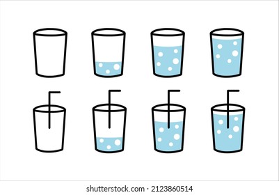 Set of Water Glass with ice cubes Icon. Empty, half and full filled glasses with drinking straw illustration on white background. Minimal Vector graphic illustration