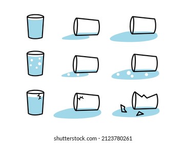 Set of Water Glass Icon. Spilled abstract liquid from full filled glass and broken glass. Vector symbol element illustration on a white background