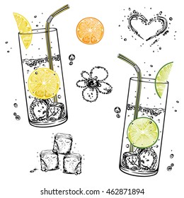 Set with water glasses, lemonade with fruits and ice cubes.