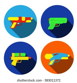 Set of water gun icons in flat style, vector