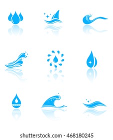 set of water icons with mirror reflection