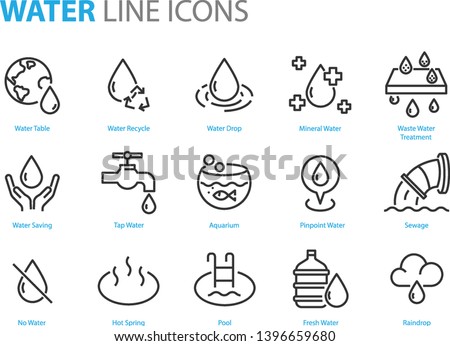 set of water icons ,such as  water drop, treatment, sewage, recycle, fresh, save