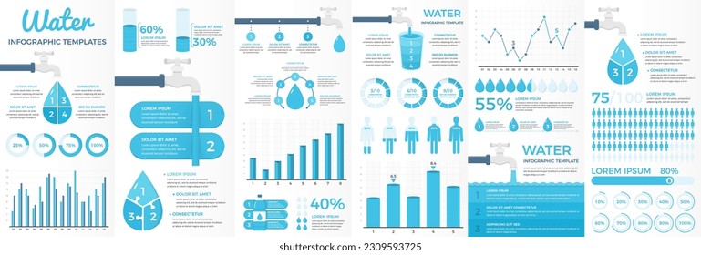 Conjunto de plantillas infográficas de agua con grifo, gotas de agua, gafas, barras y líneas y gráficos, infografía de recursos hídricos, vectores eps10 ilustración