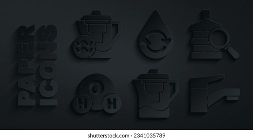 Set Water jug with a filter, Big bottle clean water, Chemical formula for H2O, tap, Recycle aqua and  icon. Vector