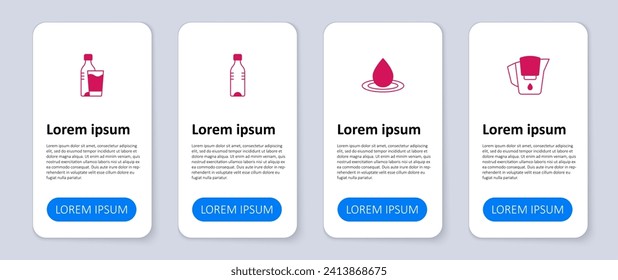 Set Water jug with filter, drop, Bottle of water and glass. Business infographic template. Vector