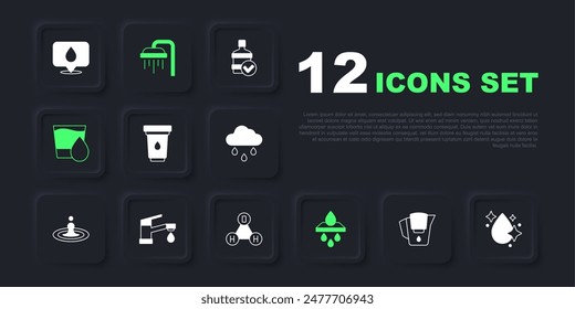 Set Water jug with filter, drop, cartridge, Glass water, tap, Shower and Chemical formula H2O icon. Vector