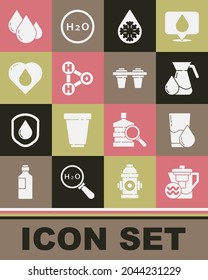Set Water jug with a filter, Glass water, Jug glass, Defrosting, Chemical formula for H2O, Heart drop,  and  icon. Vector