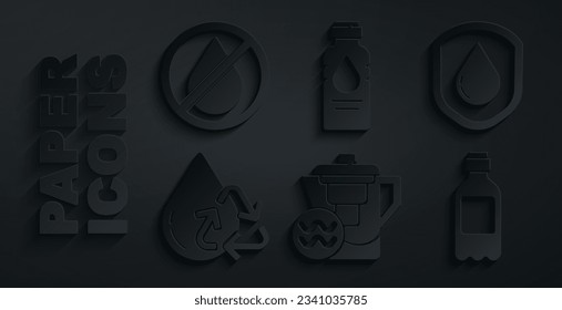Set Water jug with a filter, Waterproof, Recycle clean aqua, Bottle water,  and drop forbidden icon. Vector