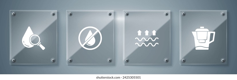 Set Water jug with a filter, Waves of water and evaporation, drop forbidden and Drop magnifying glass. Square glass panels. Vector