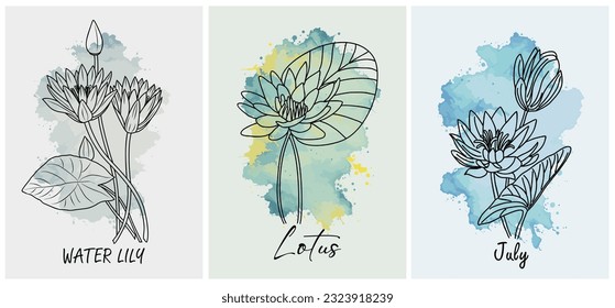 Set of Water Lily flower line art vector illustrations on  watercolor stain background. July birth month flower for wall art, jewelry, tattoo, logo, wedding invitations.