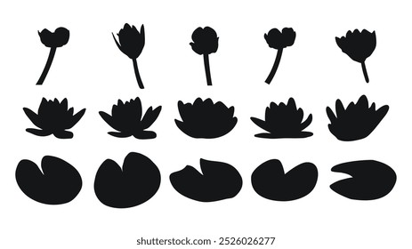 Set of water lily, water lilies, silhouette of plant buds and foliage