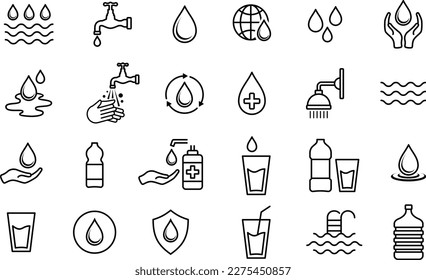 Set of Water line and flat icons, Water icon collection. Water drops, faucet, rain drops, globe, save, bottle, glass, puddle, cycle, washing hands, shower, wave EPS 10