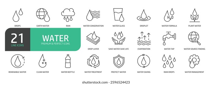 Set Of Water Line Icons. Set contains such icons as Droplet, Water Formula, Drop Layer, Evaporation, Water Treatment, Clean Water, and more.