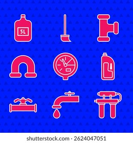 Set Water meter, tap, filter, Container with drain cleaner, Industry pipe and valve, metallic,  and Big bottle water icon. Vector