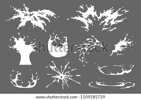 Set of water, milk or yoghurt splash clipart, water drops and crown from falling into the liquid, isolated vector effects design. Spray motion, spatter blast, drip, firework 2D VFX game illustration