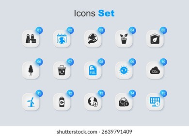 Set Water mill, Recycle bin, World Earth day, Wind turbine, Solar energy panel, CO2 emissions cloud, Factory production and Bio fuel canister icon. Vector