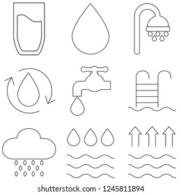 Set of water in modern thin line style. High quality black outline drop symbols for web site design and mobile apps. Simple water pictograms on a white background.