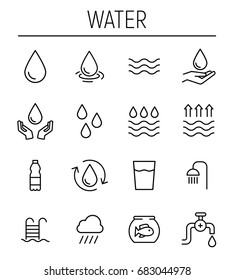 Set of water in modern thin line style. High quality black outline drop symbols for web site design and mobile apps. Simple water pictograms on a white background.