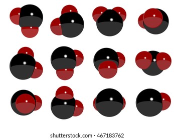 Set water molecules. Twelve atoms from different sides. Black hydrogen and two red oxygen. Molecules for your design. Vector image.