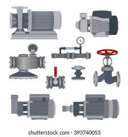 Set With Water Motor, Pump And Valves For Pipeline. Vector Illustration