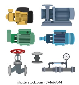 Set - Water Motor, Pump And Valves For Pipeline. Vector Illustration