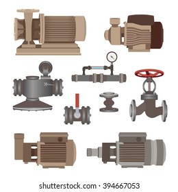 Set - water motor, pump and valves for pipeline. Vector illustration