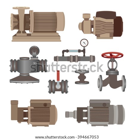 Set - water motor, pump and valves for pipeline. Vector illustration