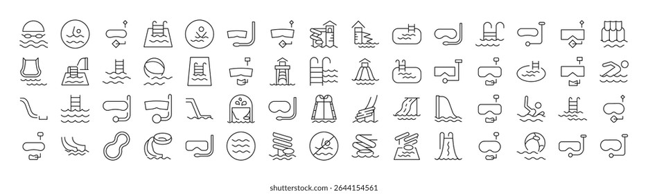 Set of Water Park, Aquapark, Swimming Pool, Diving Related Line Icons. Outline Signs for Graphic and Web Design, Apps, Adverts, Various Cards 
