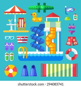 Set the water park visitor. Summer vacation by the pool or on the beach. Swimming lessons and fun water sport. Vector flat illustration