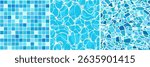 A set of water patterns and swimming pool tiles . Seamless pattern of the water surface of the pool. Seamless texture of ceramic pool tiles. Hand draw no ai.