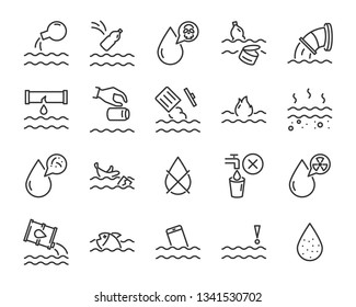 set of water pollution icons, such as, pollution, dirty, bin, plastic, industry waste , world water day, waste