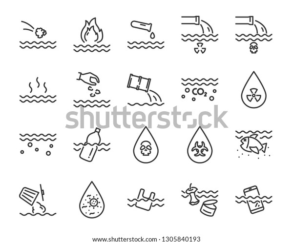 set of water\
pollution icons, such as, pollution, dirty, bin, plastic, industry\
waste , world water day,\
waste
