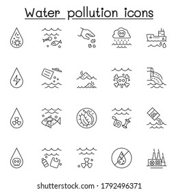 Set of water pollution Related Vector Line Icons. Contains such Icons as dirty water, contaminate, industry waste, plastic bottle, bacteria, garbage and more.
