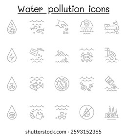 Set of water pollution Related Vector Line icon. Contains such icon as dirty water, contaminate, industry waste, plastic bottle, bacteria, garbage and more.