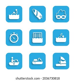 Set Water polo, Jet ski, Windsurfing, Swimmer, Stopwatch, Glasses for swimming and  icon. Vector