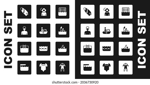 Set Water polo, Jet ski, Swimmer, Surfboard, Windsurfing, Aqualung,  and Swimming pool with ladder icon. Vector