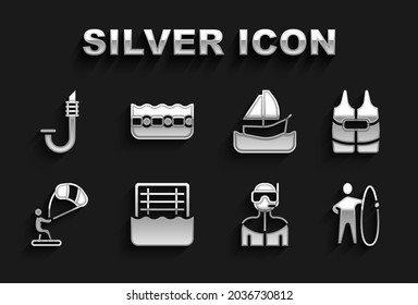 Set Water polo, Life jacket, Surfboard, Wetsuit for scuba diving, Kitesurfing, Yacht sailboat, Snorkel and Swimming pool icon. Vector